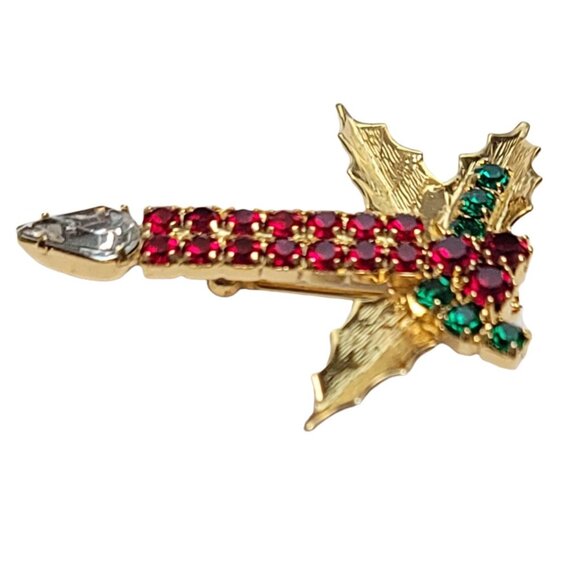 Gold-Tone Red Prong set Rhinestone Holly Berry Candle Pin Brooch - Picture 3 of 8
